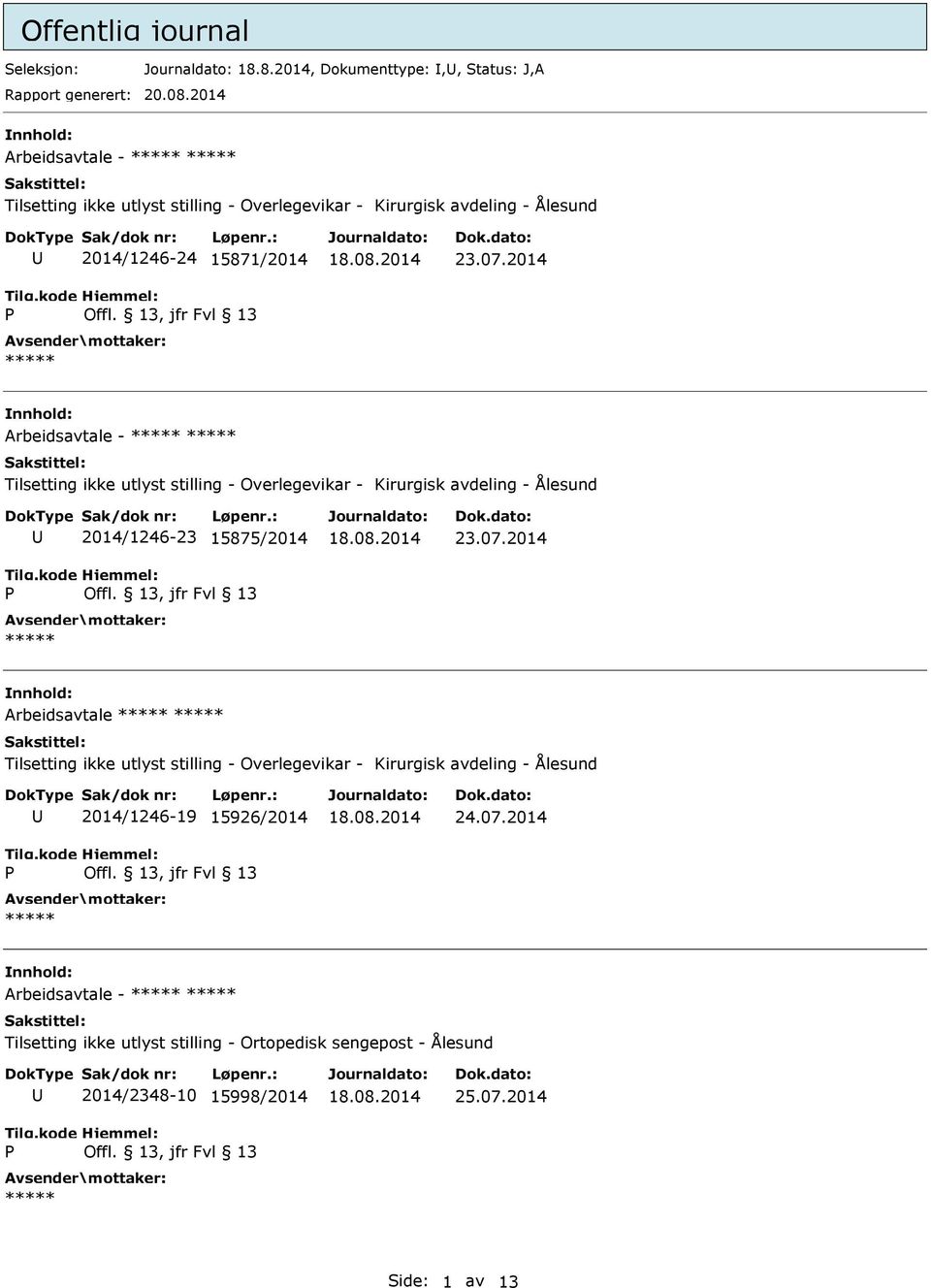 2014 Arbeidsavtale - Tilsetting ikke utlyst stilling - Overlegevikar - Kirurgisk avdeling - Ålesund 2014/1246-23 15875/2014 23.07.