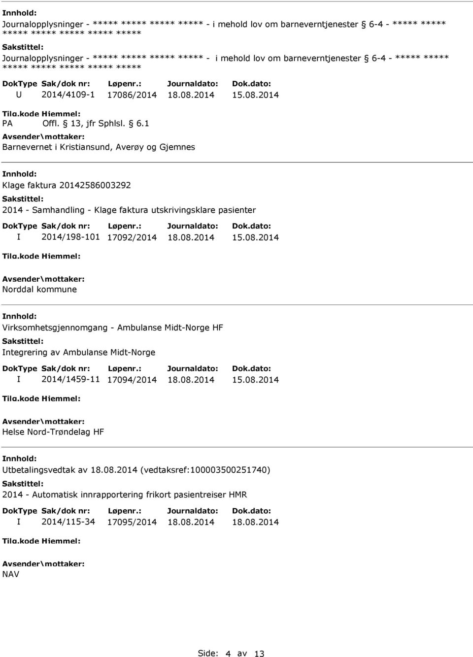 17092/2014 Norddal kommune Virksomhetsgjennomgang - Ambulanse Midt-Norge HF ntegrering av Ambulanse Midt-Norge 2014/1459-11 17094/2014 Helse