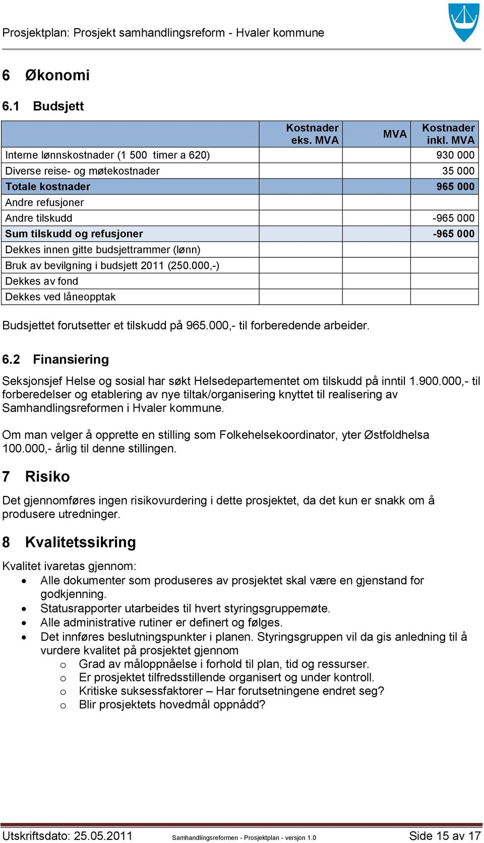 Dekkes innen gitte budsjettrammer (lønn) Bruk av bevilgning i budsjett 2011 (250.000,-) Dekkes av fond Dekkes ved låneopptak Budsjettet forutsetter et tilskudd på 965.000,- til forberedende arbeider.