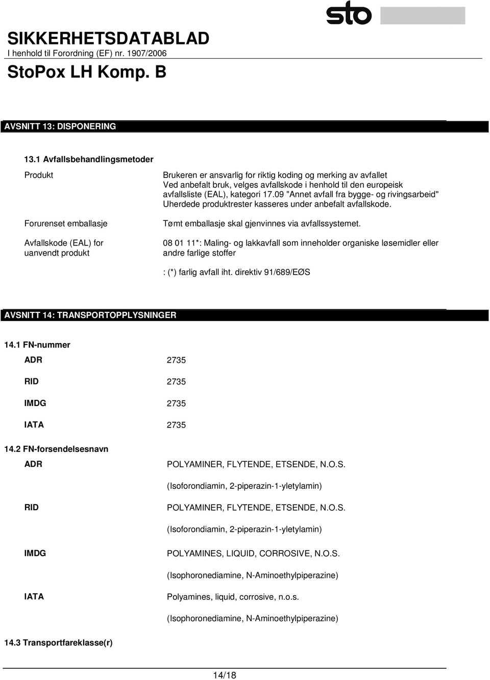 henhold til den europeisk avfallsliste (EAL), kategori 17.09 "Annet avfall fra bygge- og rivingsarbeid" Uherdede produktrester kasseres under anbefalt avfallskode.