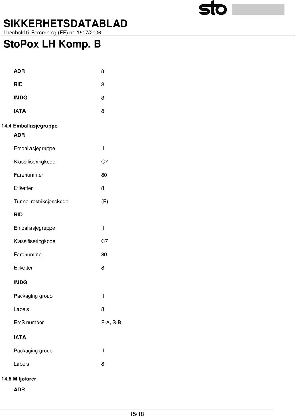 Etiketter 8 Tunnel restriksjonskode (E) RID Emballasjegruppe Klassifiseringkode II