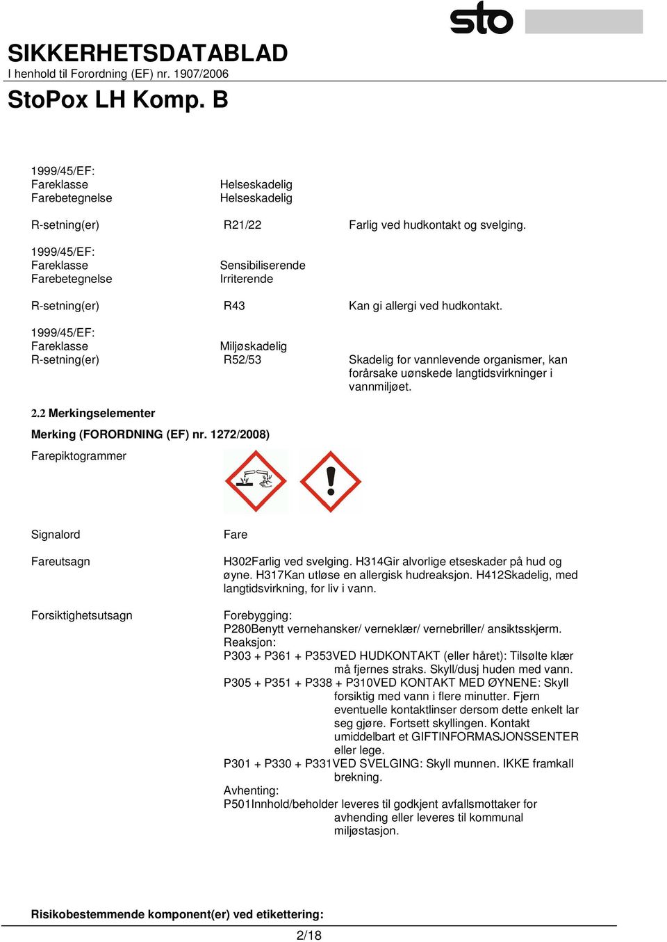 1999/45/EF: Fareklasse Miljøskadelig R-setning(er) R52/53 Skadelig for vannlevende organismer, kan forårsake uønskede langtidsvirkninger i vannmiljøet. 2.