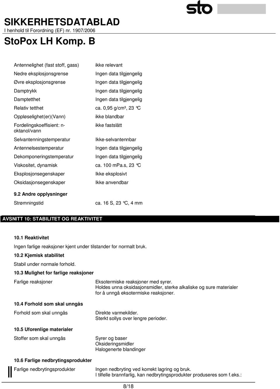 Viskositet, dynamisk ca. 100 mpa.s, 23 C Eksplosjonsegenskaper Oksidasjonsegenskaper Ikke eksplosivt Ikke anvendbar 9.2 Andre opplysninger Strømningstid ca.