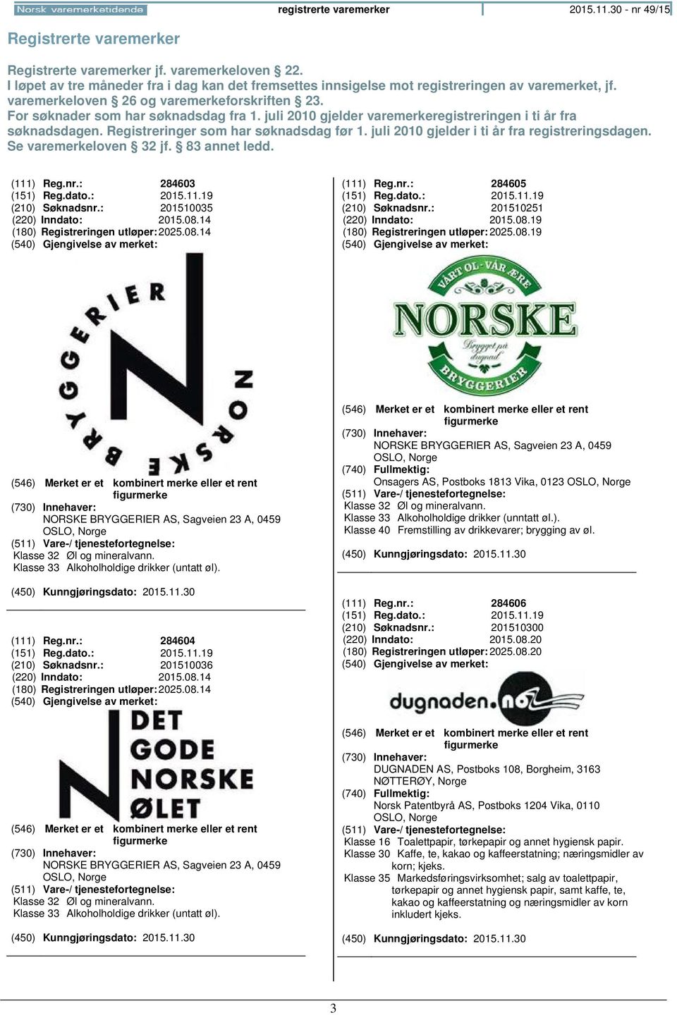 juli 2010 gjelder varemerkeregistreringen i ti år fra søknadsdagen. Registreringer som har søknadsdag før 1. juli 2010 gjelder i ti år fra registreringsdagen. Se varemerkeloven 32 jf. 83 annet ledd.