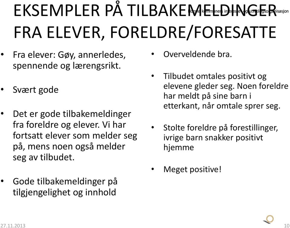 Vi har fortsatt elever som melder seg på, mens noen også melder seg av tilbudet. Gode tilbakemeldinger på tilgjengelighet og innhold Overveldende bra.