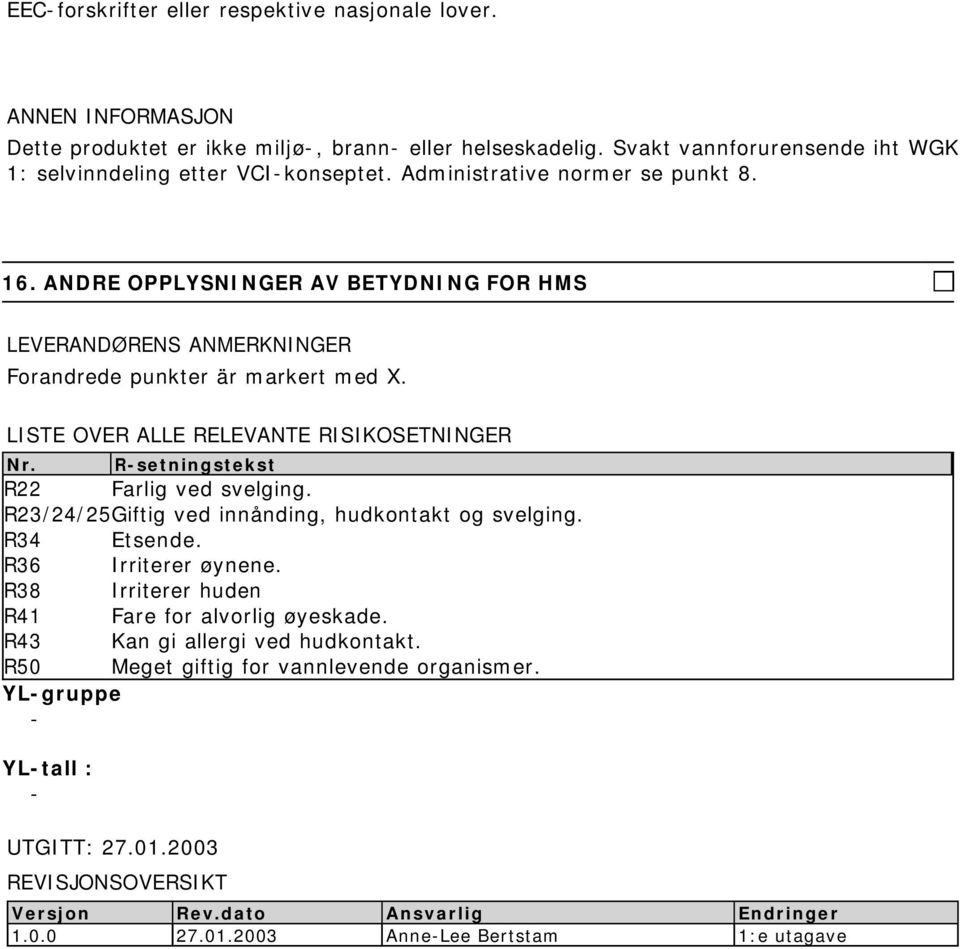 R-setningstekst R22 Farlig ved svelging. R23/24/25Giftig ved innånding, hudkontakt og svelging. R34 Etsende. R36 Irriterer øynene. R38 Irriterer huden R41 Fare for alvorlig øyeskade.