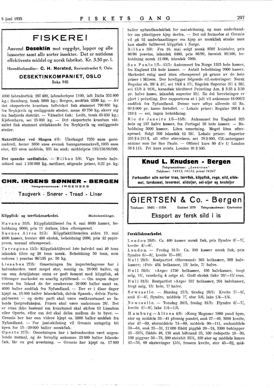 ; Bergen, småfisk 2500 kg. Av det eksporterte kvantum fullvirket fi,sk stammet 790 850 kg. fra Reykjavik og omliggende.sleder, mens :9750 kg. skrev.sig fra Isad'jords distrikt.