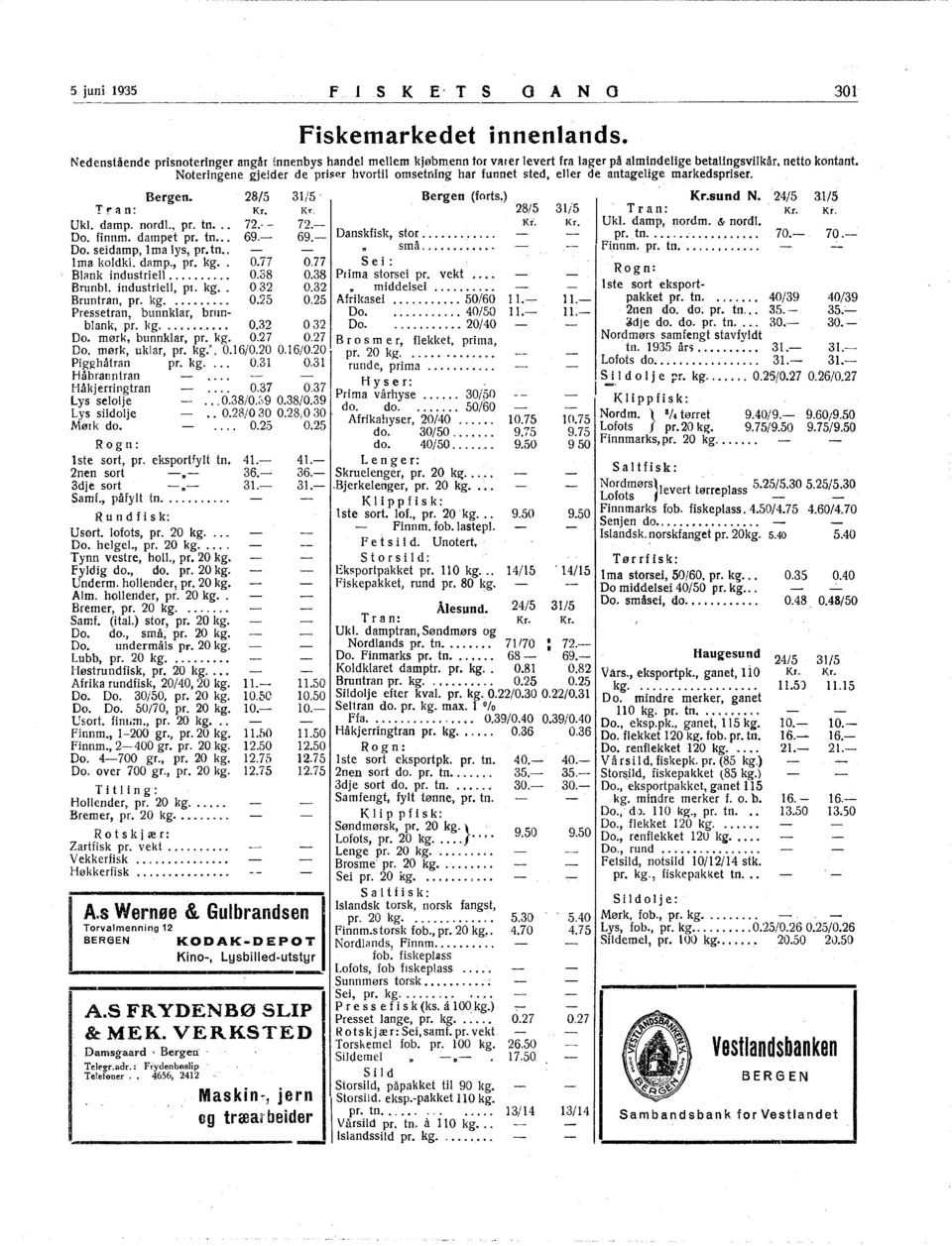 Do. finnm. dampet pr. tn... 69. 69. Danskfisk, sto~.... Do. seidamp, rna lys, pr. tn.. sma.,.... ma koldkl. damp., pr. kg.. 0.77 0.77. Sei: Blank industriell... 0.38 0.38 Prima storsei pr. vekt.