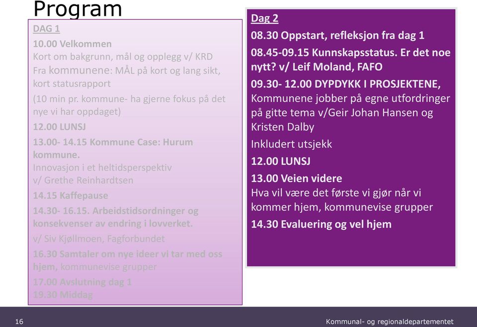 v/ Siv Kjøllmoen, Fagforbundet 16.30 Samtaler om nye ideer vi tar med oss hjem, kommunevise grupper 17.00 Avslutning dag 1 19.30 Middag Dag 2 08.30 Oppstart, refleksjon fra dag 1 08.45-09.1509.