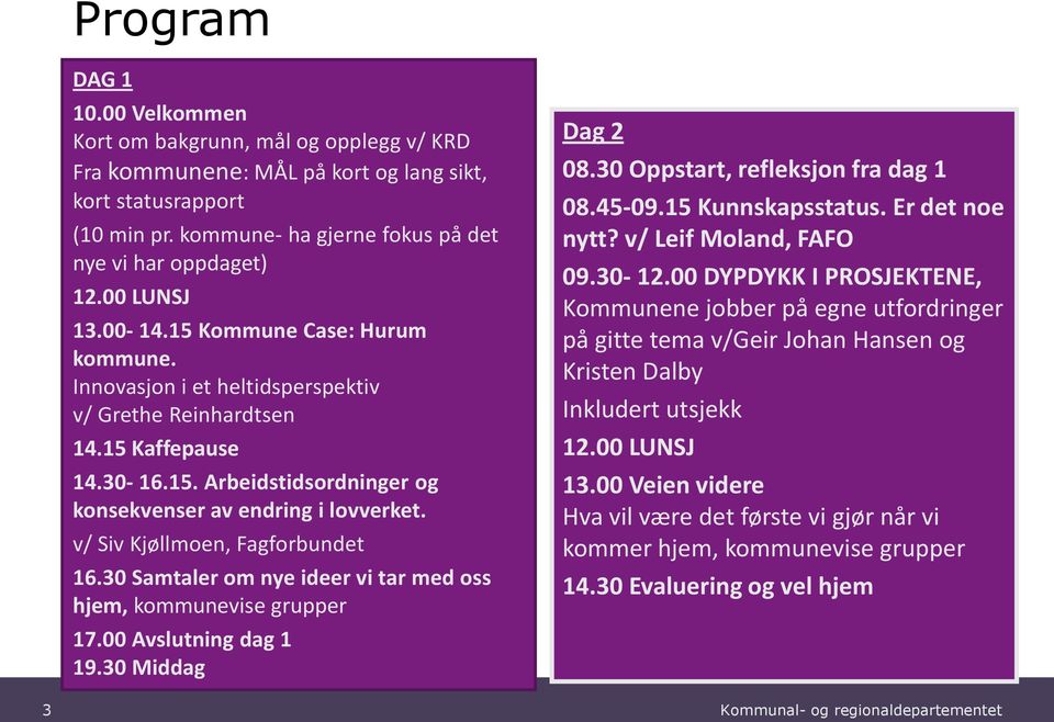 v/ Siv Kjøllmoen, Fagforbundet 16.30 Samtaler om nye ideer vi tar med oss hjem, kommunevise grupper 17.00 Avslutning dag 1 19.30 Middag Dag 2 08.30 Oppstart, refleksjon fra dag 1 08.45-09.1509.