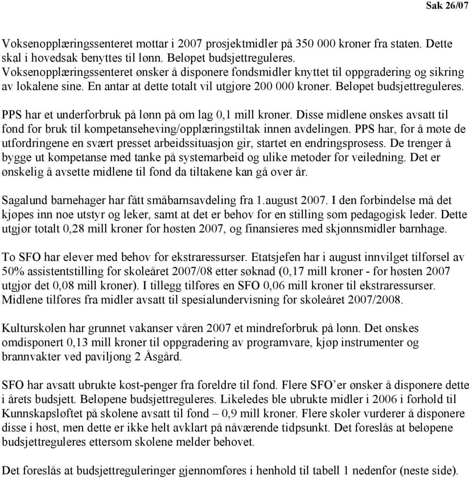 PPS har et underforbruk på lønn på om lag 0,1 mill kroner. Disse midlene ønskes avsatt til fond for bruk til kompetanseheving/opplæringstiltak innen avdelingen.