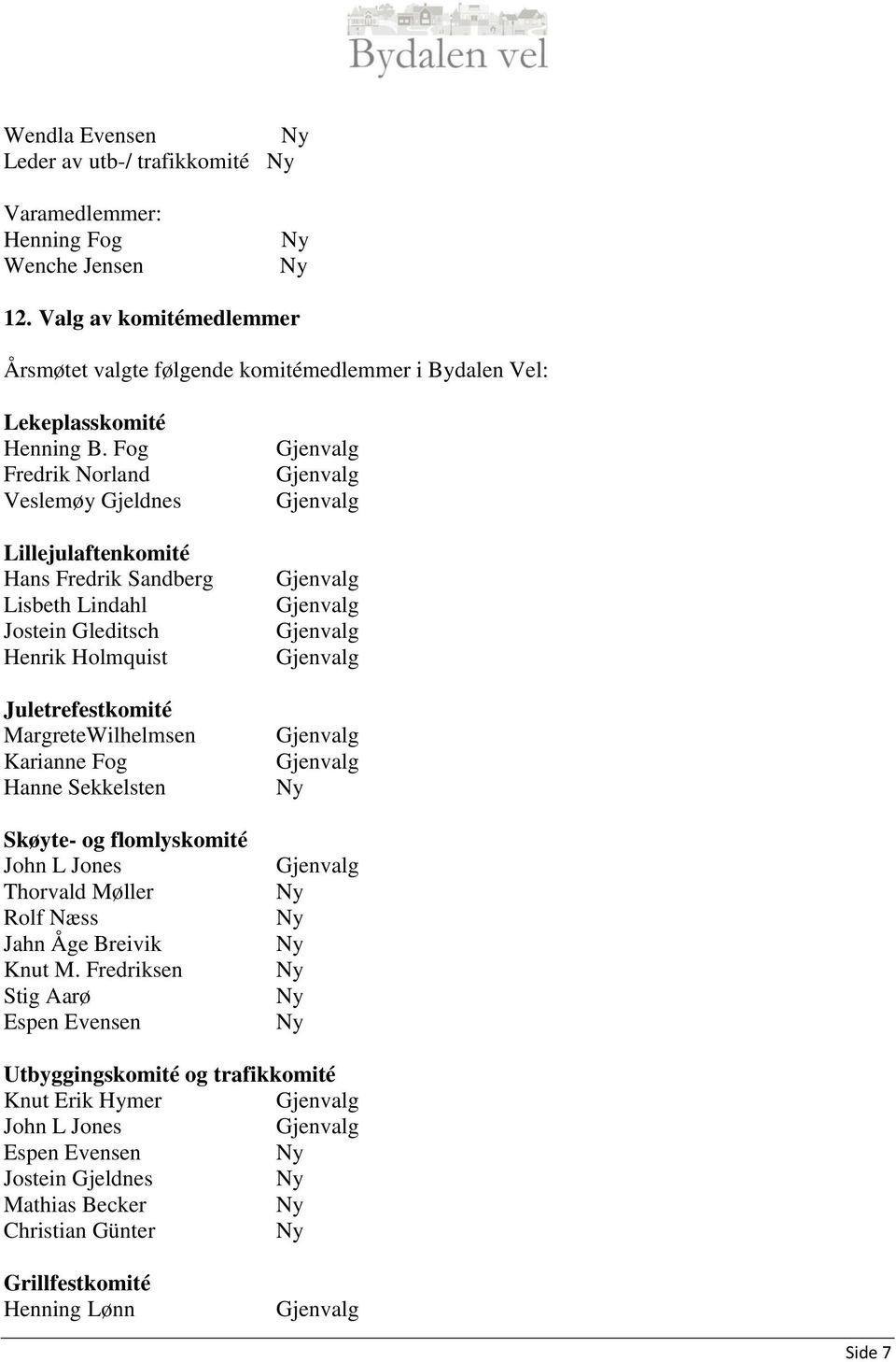 Fog Fredrik Norland Veslemøy Gjeldnes Lillejulaftenkomité Hans Fredrik Sandberg Lisbeth Lindahl Jostein Gleditsch Henrik Holmquist Juletrefestkomité MargreteWilhelmsen