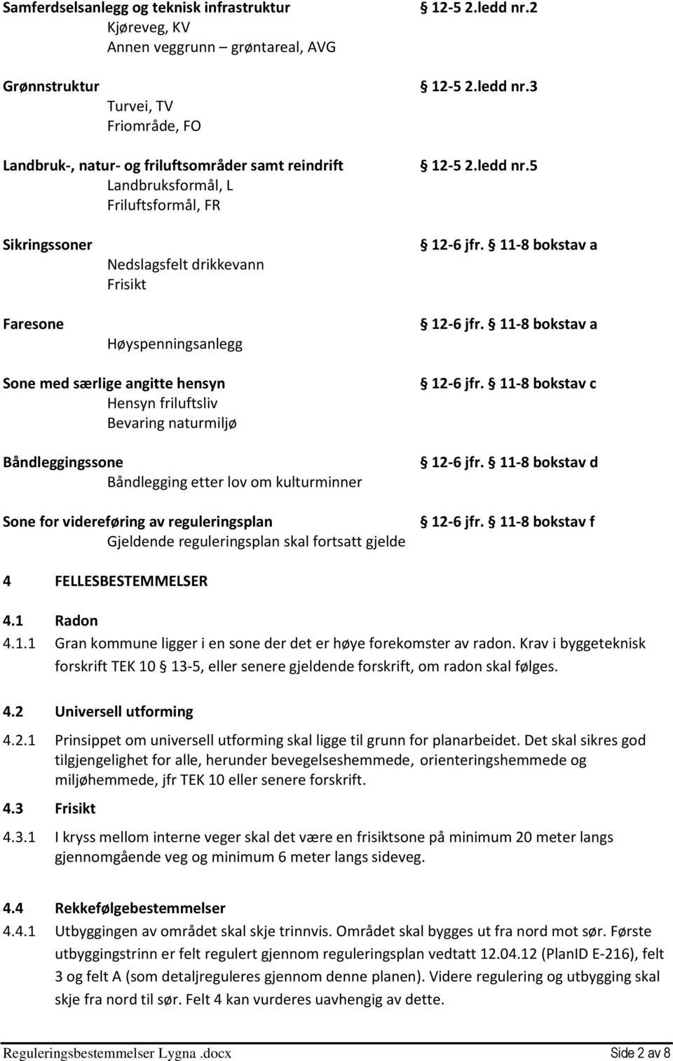 11-8 bokstav a Sone med særlige angitte hensyn Hensyn friluftsliv Bevaring naturmiljø Båndleggingssone Båndlegging etter lov om kulturminner Sone for videreføring av reguleringsplan Gjeldende