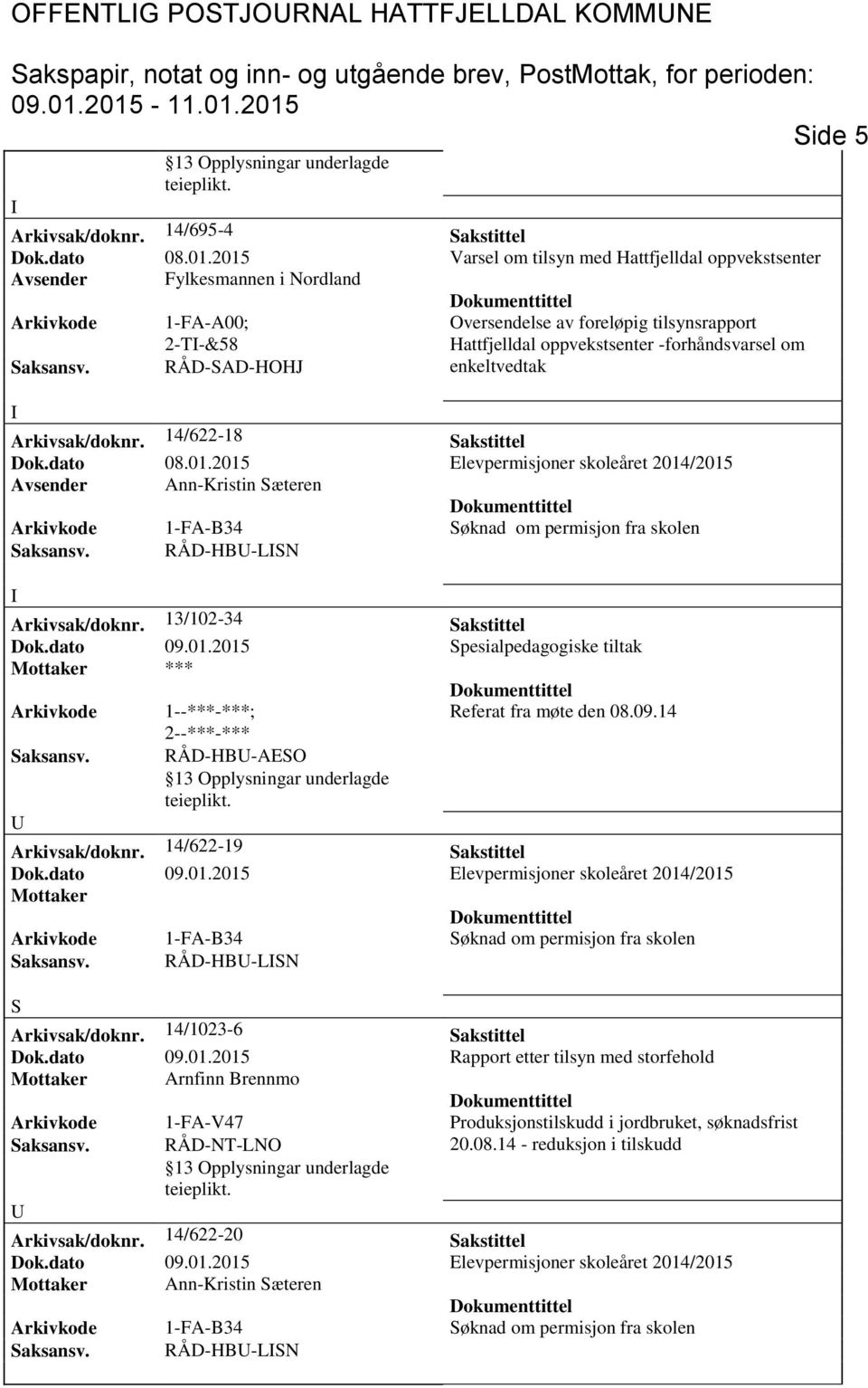 2015 Elevpermisjoner skoleåret 2014/2015 Avsender Ann-Kristin æteren Arkivkode 1-FA-B34 øknad om permisjon fra skolen aksansv. RÅD-HB-LN Arkivsak/doknr.