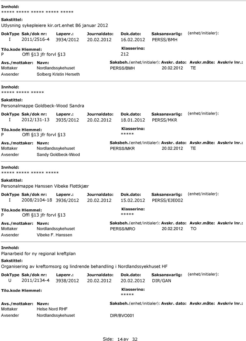 : Mottaker ERSS/MKR TE Sandy Goldbeck-Wood ersonalmappe Hanssen Vibeke Fløttkjær 2008/2104-18 3936/2012 ERSS/EJE002 Avs./mottaker: Navn: Saksbeh. Avskr. dato: Avskr.måte: Avskriv lnr.