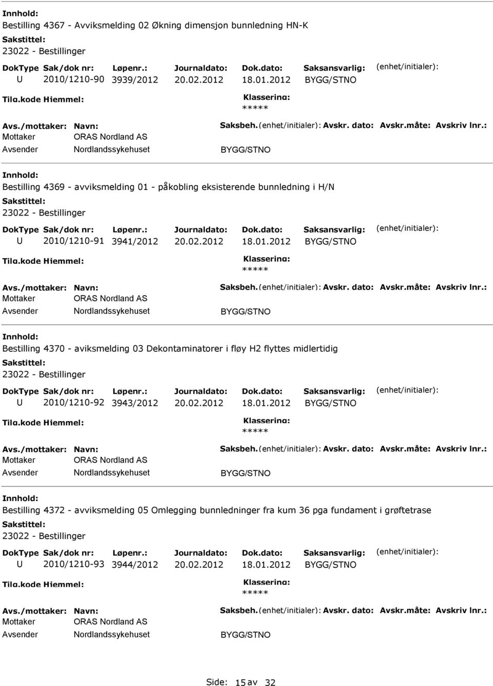 : Mottaker ORAS Nordland AS Bestilling 4370 - aviksmelding 03 Dekontaminatorer i fløy H2 flyttes midlertidig 92 3943/2012 18.01.2012 Avs./mottaker: Navn: Saksbeh. Avskr. dato: Avskr.måte: Avskriv lnr.