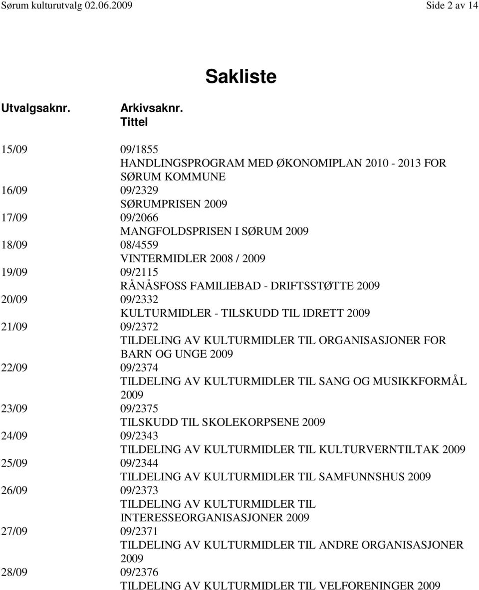 19/09 09/2115 RÅNÅSFOSS FAMILIEBAD - DRIFTSSTØTTE 2009 20/09 09/2332 KULTURMIDLER - TILSKUDD TIL IDRETT 2009 21/09 09/2372 TILDELING AV KULTURMIDLER TIL ORGANISASJONER FOR BARN OG UNGE 2009 22/09