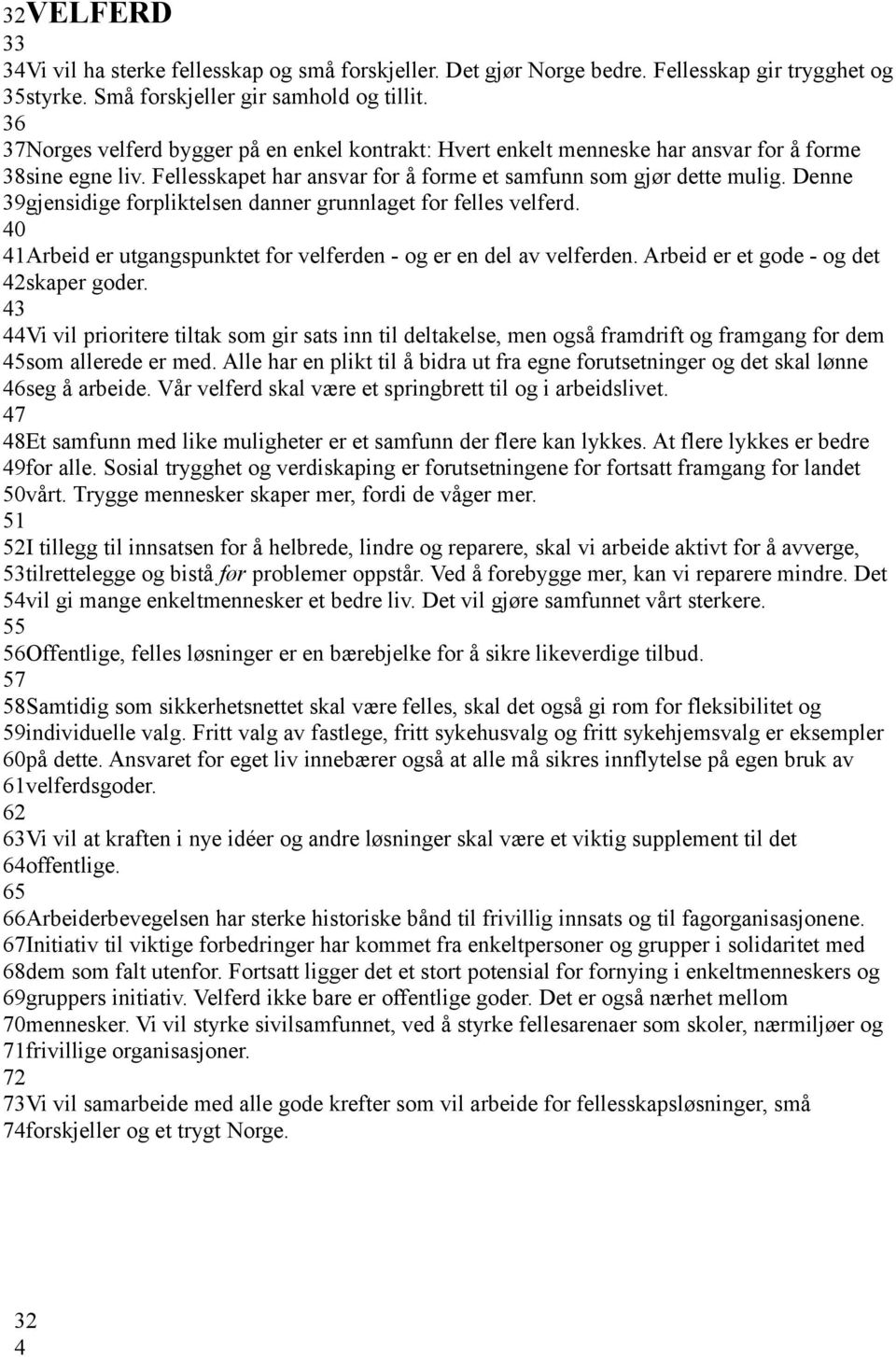 Denne 39gjensidige forpliktelsen danner grunnlaget for felles velferd. 40 41Arbeid er utgangspunktet for velferden - og er en del av velferden. Arbeid er et gode - og det 42skaper goder.