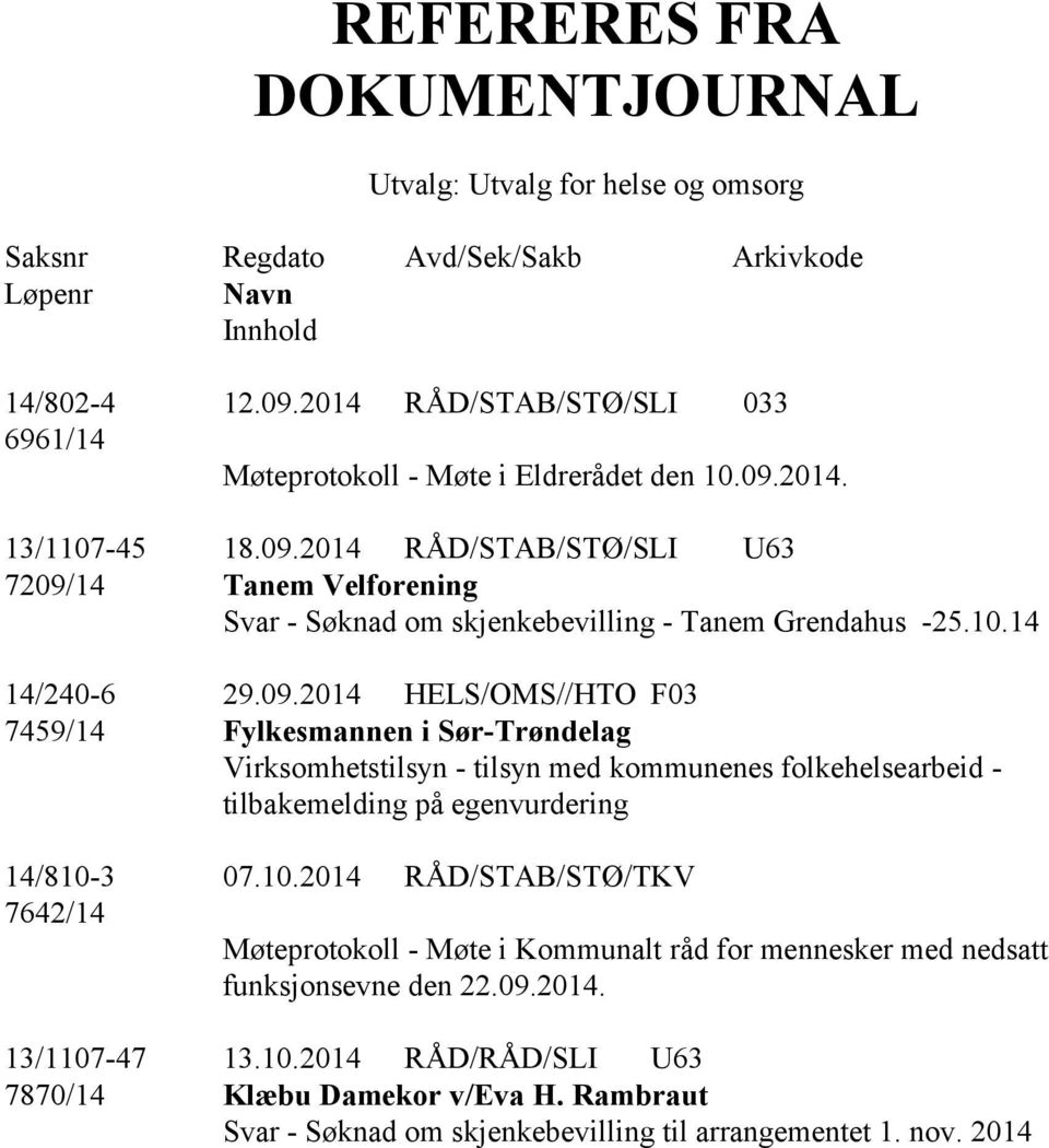 10.14 14/240-6 29.09.2014 HELS/OMS//HTO F03 7459/14 Fylkesmannen i Sør-Trøndelag Virksomhetstilsyn - tilsyn med kommunenes folkehelsearbeid - tilbakemelding på egenvurdering 14/810-3 07.10.2014 RÅD/STAB/STØ/TKV 7642/14 Møteprotokoll - Møte i Kommunalt råd for mennesker med nedsatt funksjonsevne den 22.