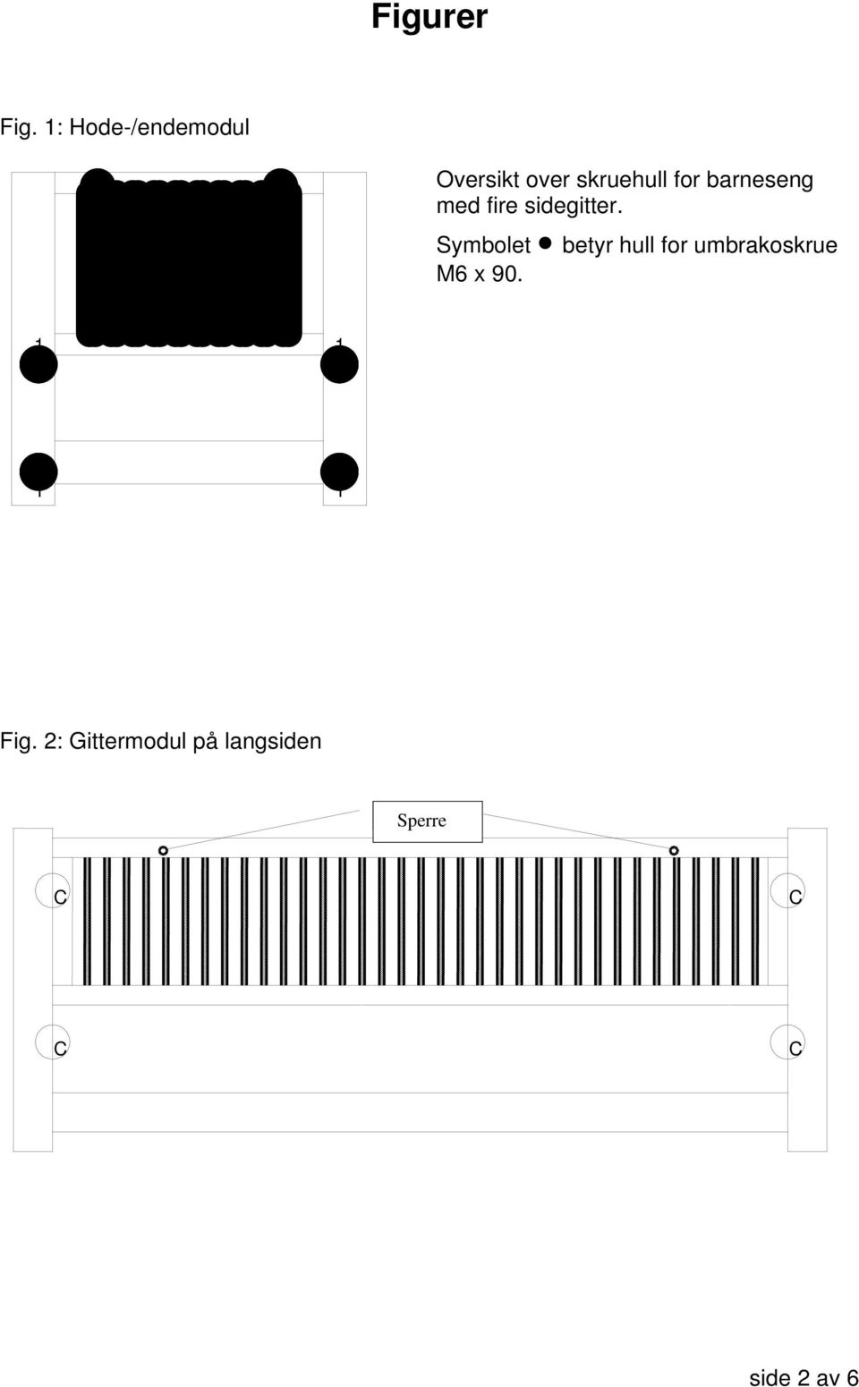 barneseng med fire sidegitter. Symbolet M6 x 90.