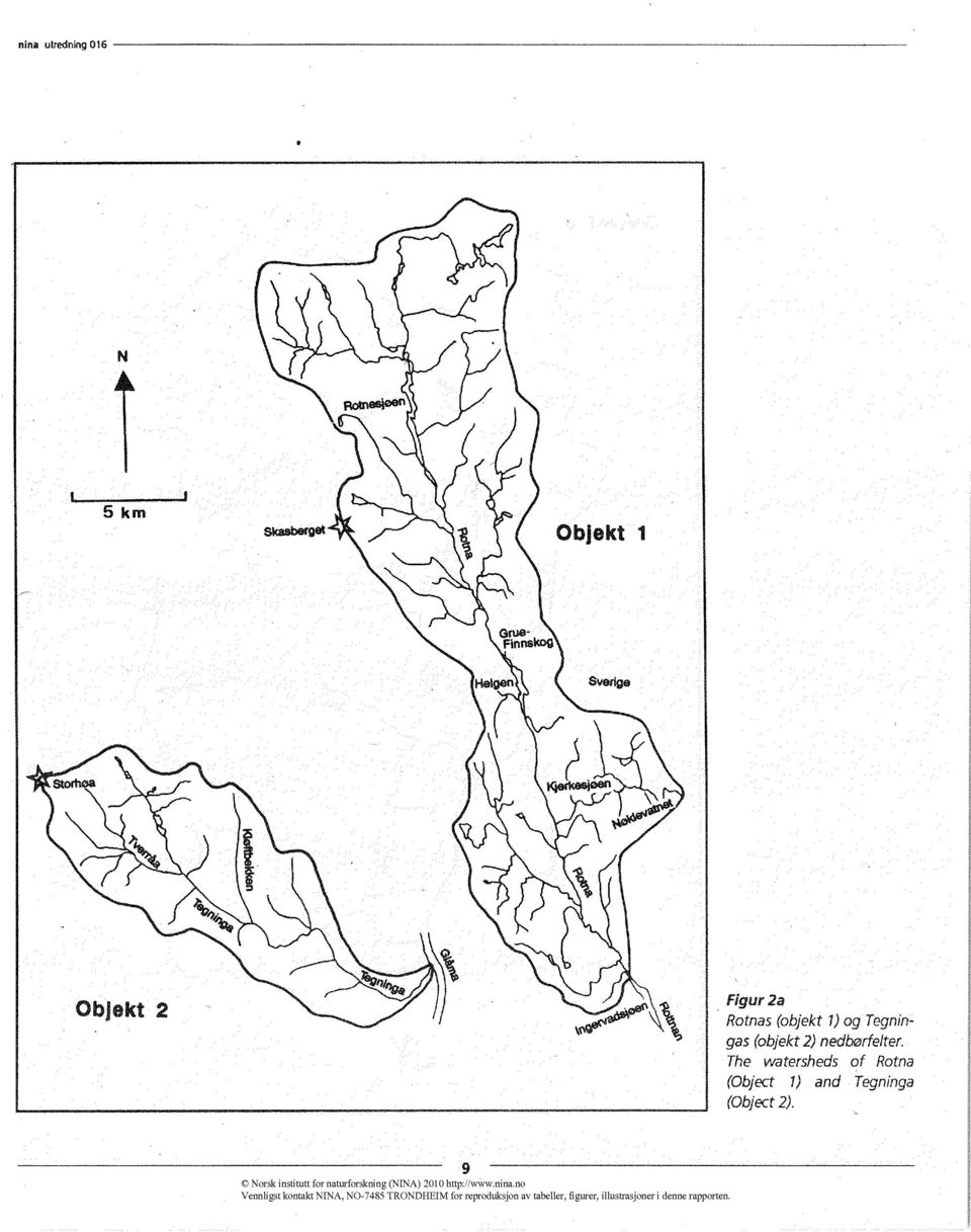 The watersheds of Rotna (Object 1) and Tegninga (Object 2).