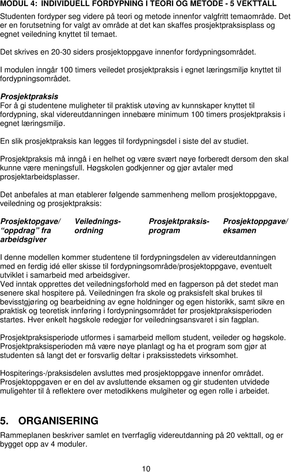 I modulen inngår 100 timers veiledet prosjektpraksis i egnet læringsmiljø knyttet til fordypningsområdet.