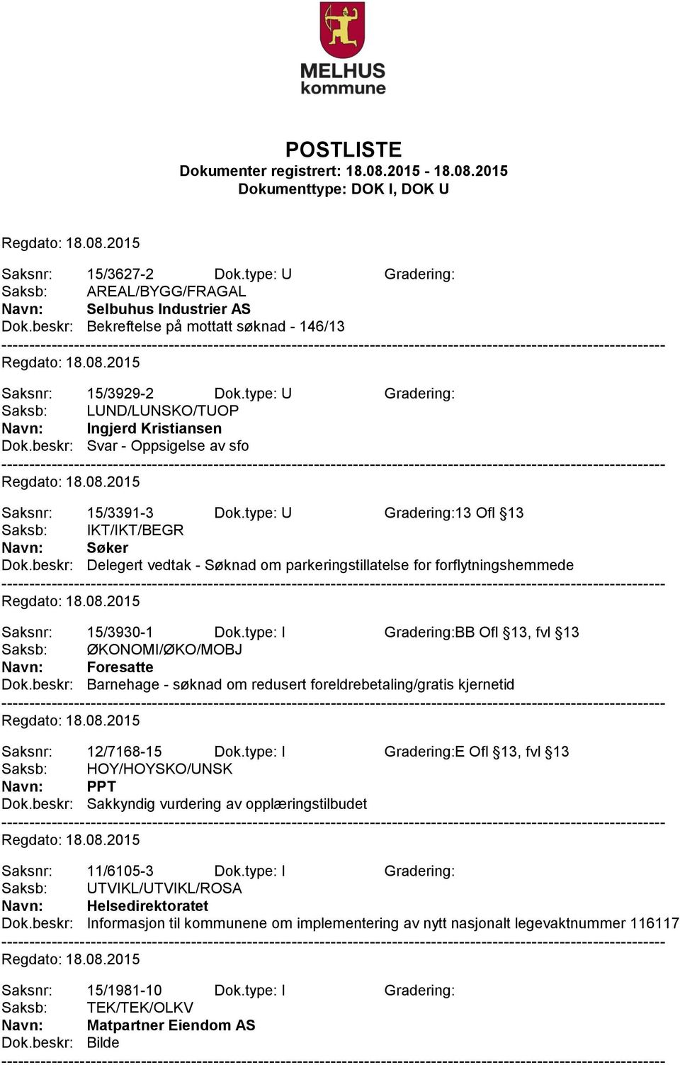 beskr: Delegert vedtak - Søknad om parkeringstillatelse for forflytningshemmede Saksnr: 15/3930-1 Dok.type: I Gradering:BB Ofl 13, fvl 13 Saksb: ØKONOMI/ØKO/MOBJ Dok.