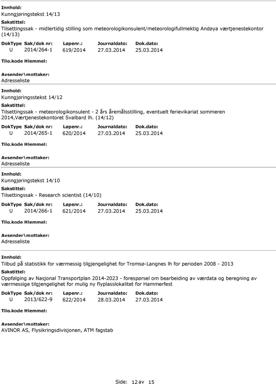 (14/12) 2014/265-1 620/2014 Adresseliste Kunngjøringstekst 14/10 Tilsettingssak - Research scientist (14/10) 2014/266-1 621/2014 Adresseliste Tilbud på statistikk for værmessig tilgjengelighet for