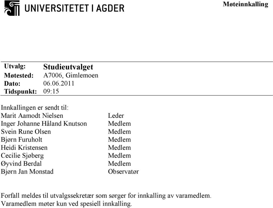 06.2011 Tidspunkt: 09:15 Innkallingen er sendt til: Marit Aamodt Nielsen Inger Johanne Håland Knutson Svein Rune