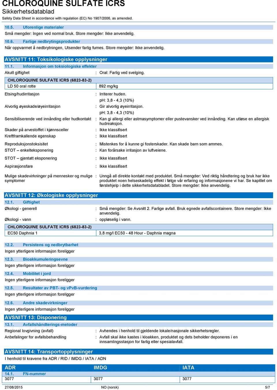 CHLOROQUINE SULFATE ICRS (6823-83-2) LD 50 oral rotte 892 mg/kg Etsing/hudirritasjon Alvorlig øyeskade/øyeirritasjon : Irriterer huden. ph: 3,8-4,3 (10%) : Gir alvorlig øyeirritasjon.