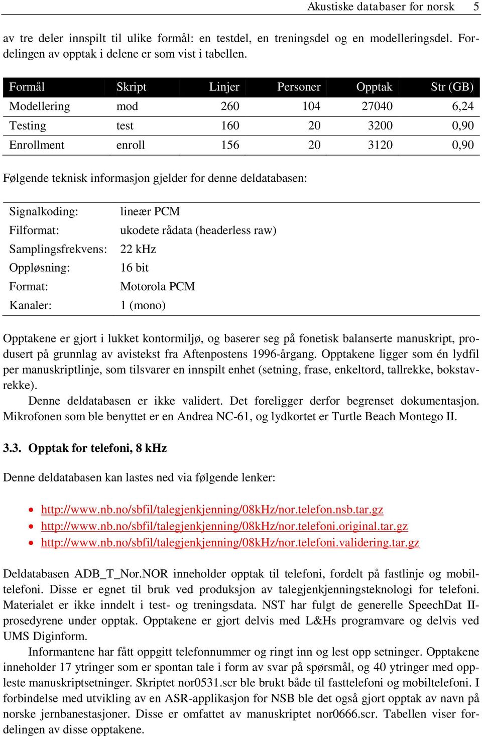 deldatabasen: Signalkoding: Filformat: Samplingsfrekvens: Oppløsning: Format: Kanaler: lineær PCM ukodete rådata (headerless raw) 22 khz 16 bit Motorola PCM 1 (mono) Opptakene er gjort i lukket