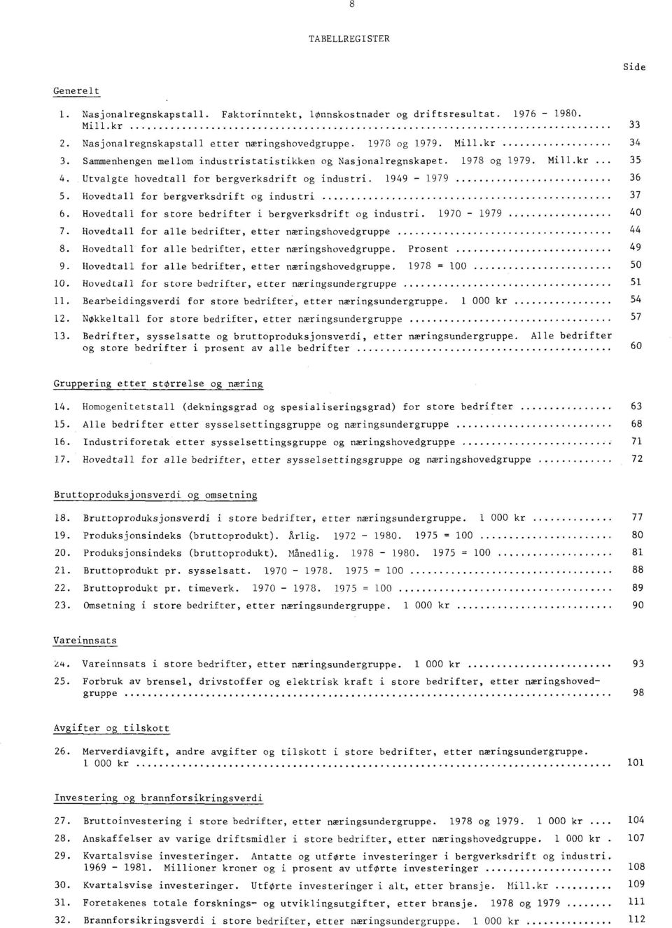 Hovedtall for bergverksdrift og industri 37 6. Hovedtall for store bedrifter i bergverksdrift og industri. 1970-1979 40 7. Hovedtall for alle bedrifter, etter næringshovedgruppe 44 8.