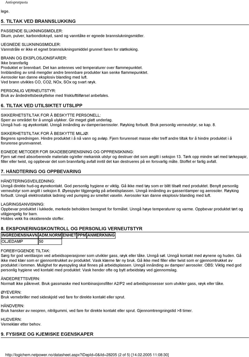 Det kan antennes ved temperaturer over flammepunktet. Innblanding av små mengder andre brennbare produkter kan senke flammepunktet. Aerosoler kan danne eksplosiv blanding med luft.