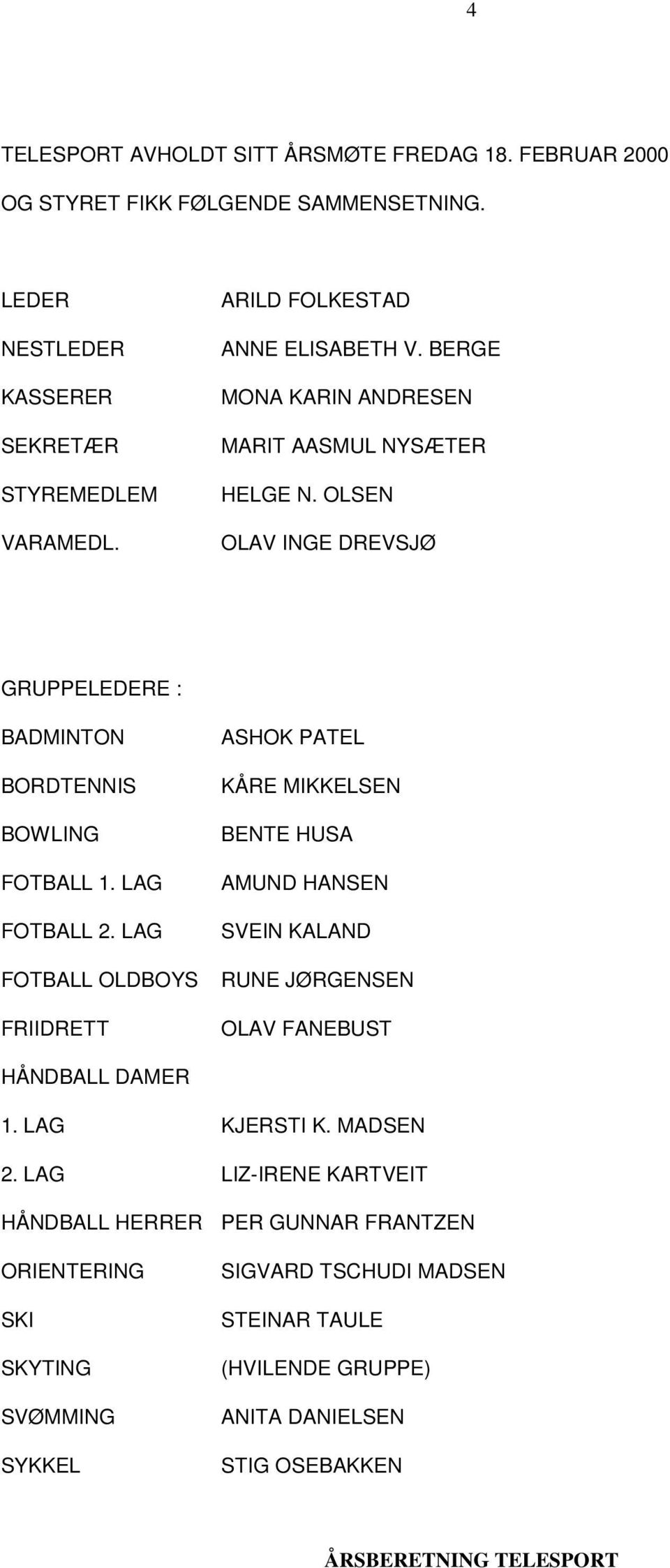 LAG FOTBALL 2. LAG FOTBALL OLDBOYS FRIIDRETT ASHOK PATEL KÅRE MIKKELSEN BENTE HUSA AMUND HANSEN SVEIN KALAND RUNE JØRGENSEN OLAV FANEBUST HÅNDBALL DAMER 1. LAG KJERSTI K.