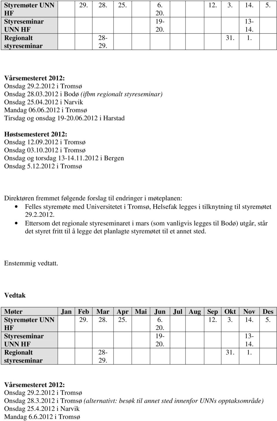 2012 i Tromsø Onsdag og torsdag 13-14.11.2012 i Bergen Onsdag 5.12.2012 i Tromsø Direktøren fremmet følgende forslag til endringer i møteplanen: Felles styremøte med Universitetet i Tromsø, Helsefak legges i tilknytning til styremøtet 29.