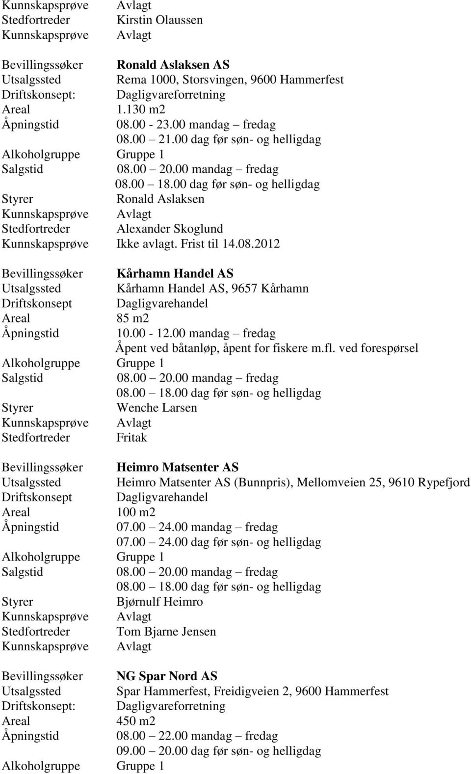 00 dag før søn- og helligdag Ronald Aslaksen Stedfortreder Alexander Skoglund Kunnskapsprøve Ikke avlagt. Frist til 14.08.