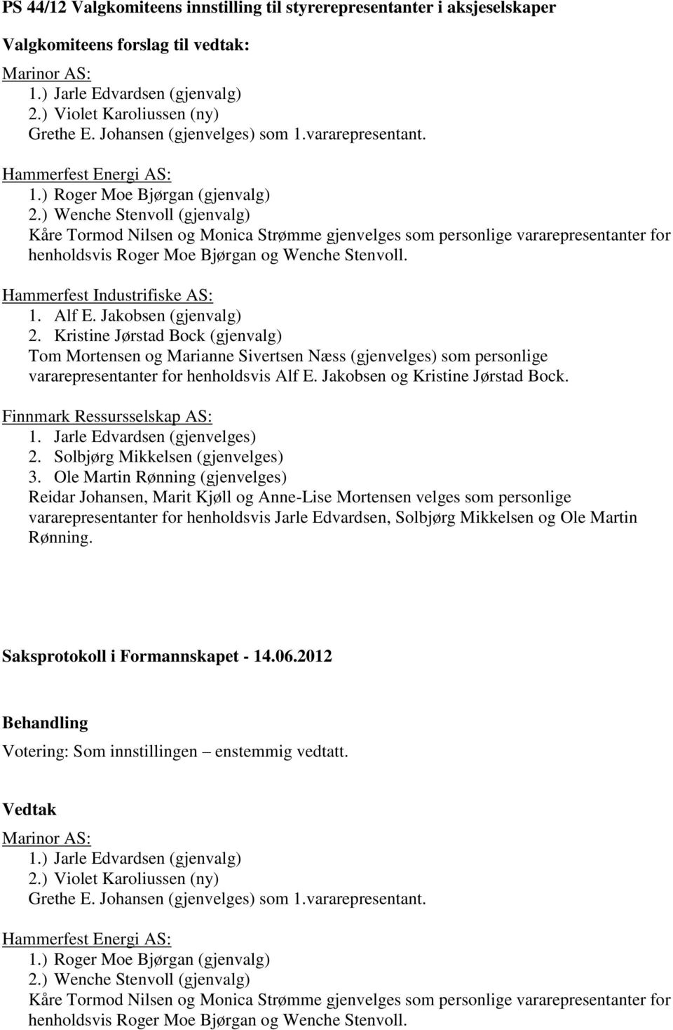 ) Wenche Stenvoll (gjenvalg) Kåre Tormod Nilsen og Monica Strømme gjenvelges som personlige vararepresentanter for henholdsvis Roger Moe Bjørgan og Wenche Stenvoll. Hammerfest Industrifiske AS: 1.