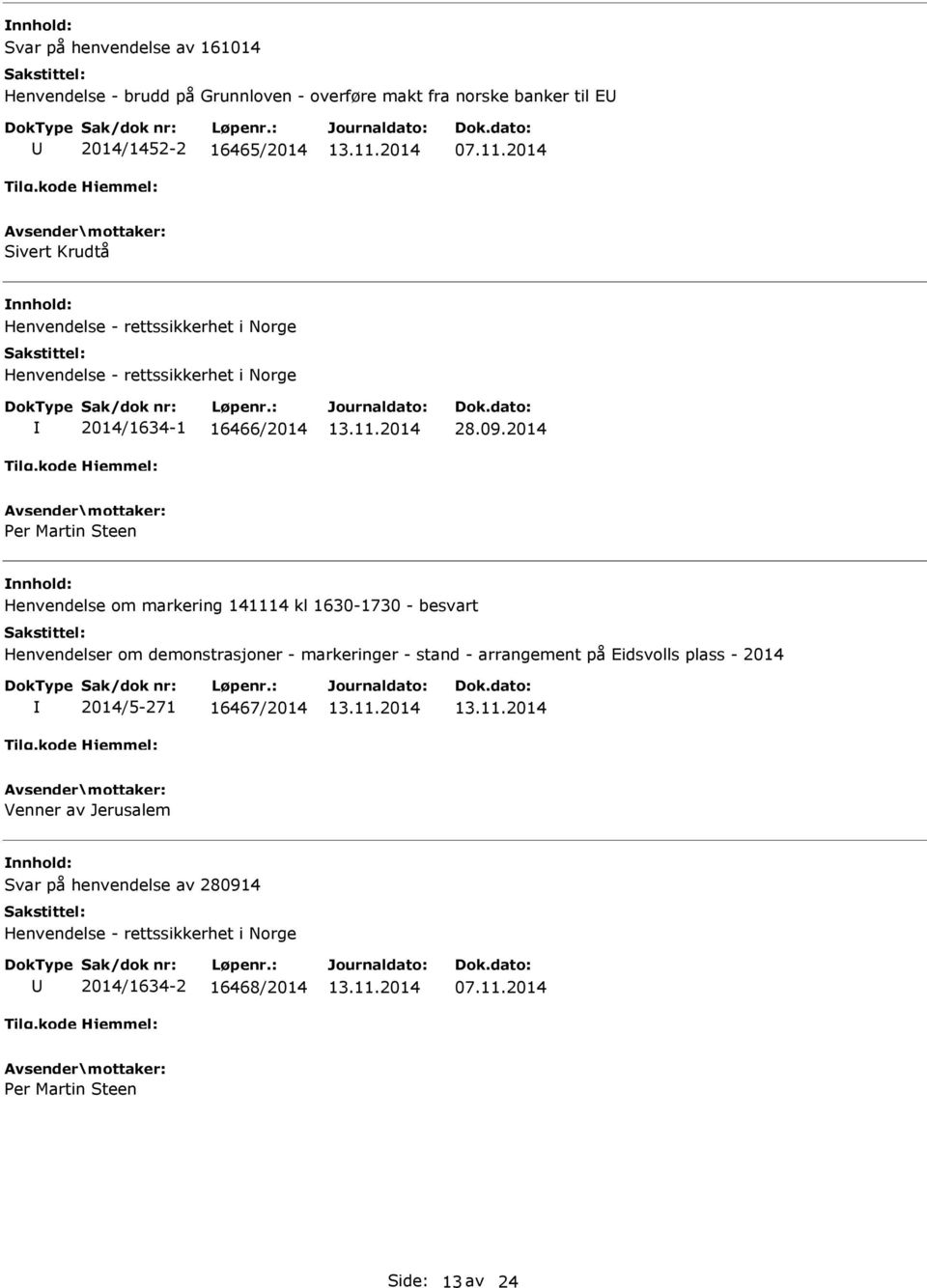 2014 Per Martin Steen nnhold: Henvendelse om markering 141114 kl 1630-1730 - besvart Henvendelser om demonstrasjoner - markeringer - stand - arrangement på