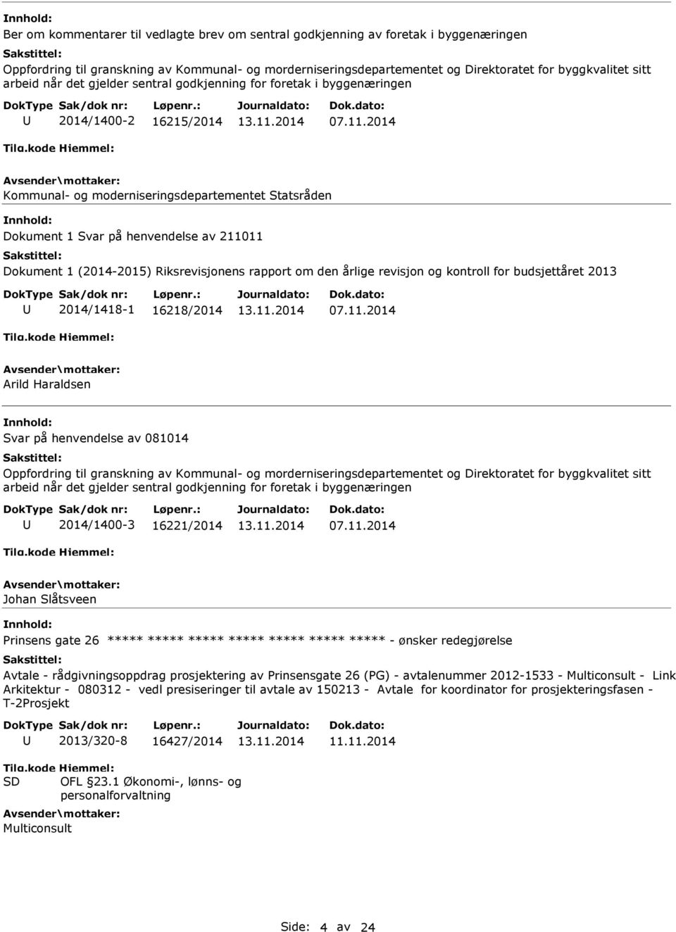 2014 Kommunal- og moderniseringsdepartementet Statsråden nnhold: Dokument 1 Svar på henvendelse av 211011 Dokument 1 (2014-2015) Riksrevisjonens rapport om den årlige revisjon og kontroll for