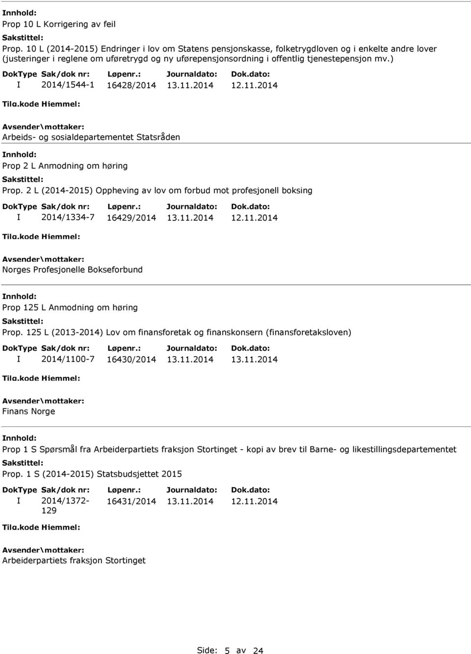 ) 2014/1544-1 16428/2014 12.11.2014 Arbeids- og sosialdepartementet Statsråden nnhold: Prop 2 L Anmodning om høring Prop.