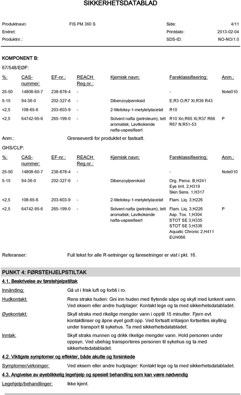 nafta (petroleum), lett aromatisk; Lavtkokende nafta-uspesifisert Anm.: GHS/CLP: Grenseverdi for produktet er fastsatt. R10 Xn;R65 Xi;R37 R66 R67 N;R51-53 P %: CASnummer: EF-nr.