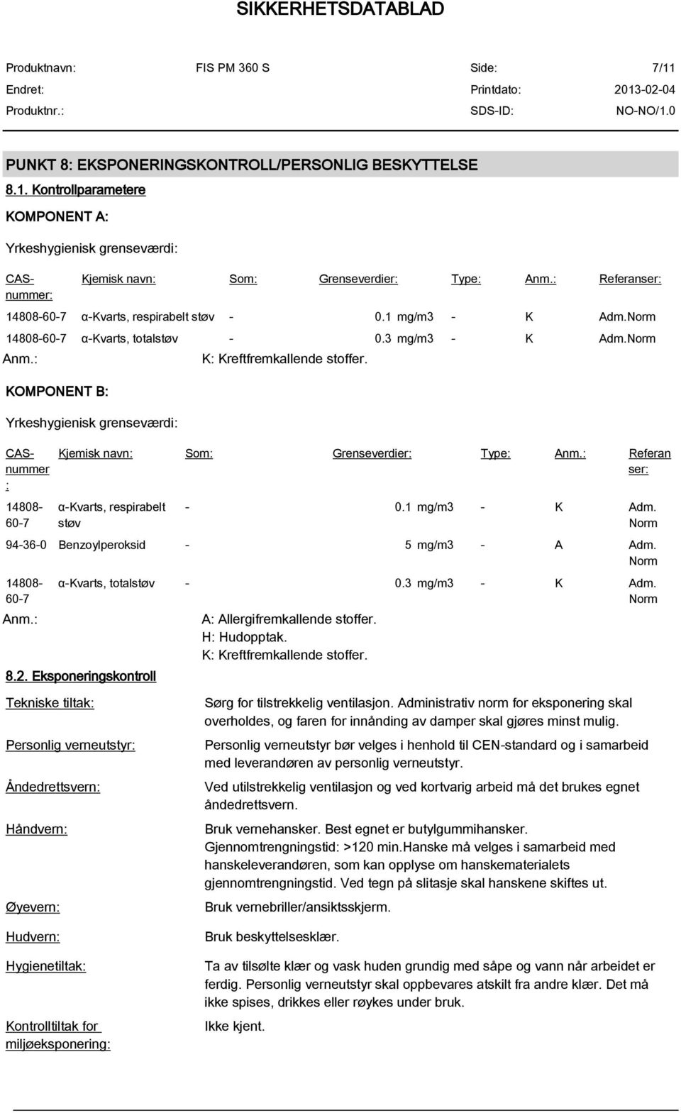 : KOMPONENT B: Yrkeshygienisk grenseværdi: CASnummer: CASnummer : 14808-60-7 K: Kreftfremkallende stoffer. Kjemisk navn: Som: Grenseverdier: Type: Anm.: Referan ser: α-kvarts, respirabelt støv - 0.