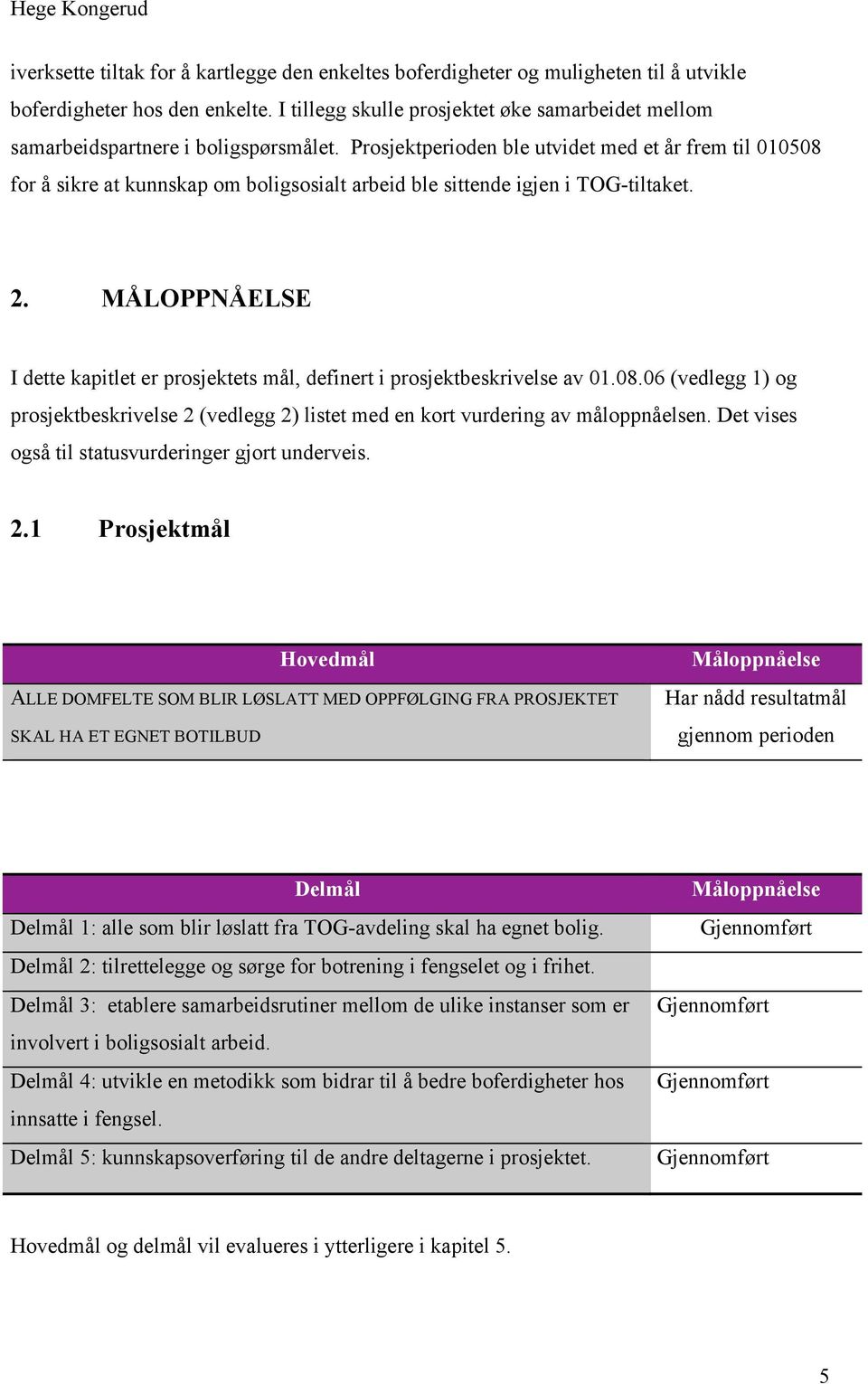 Prosjektperioden ble utvidet med et år frem til 010508 for å sikre at kunnskap om boligsosialt arbeid ble sittende igjen i TOG-tiltaket. 2.