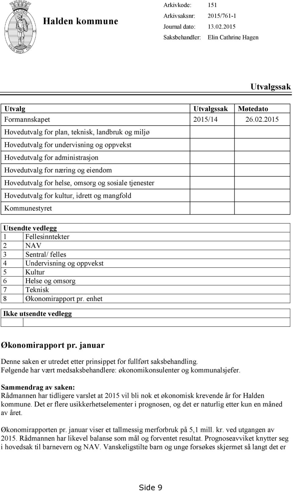 2015 Hovedutvalg for plan, teknisk, landbruk og miljø Hovedutvalg for undervisning og oppvekst Hovedutvalg for administrasjon Hovedutvalg for næring og eiendom Hovedutvalg for helse, omsorg og