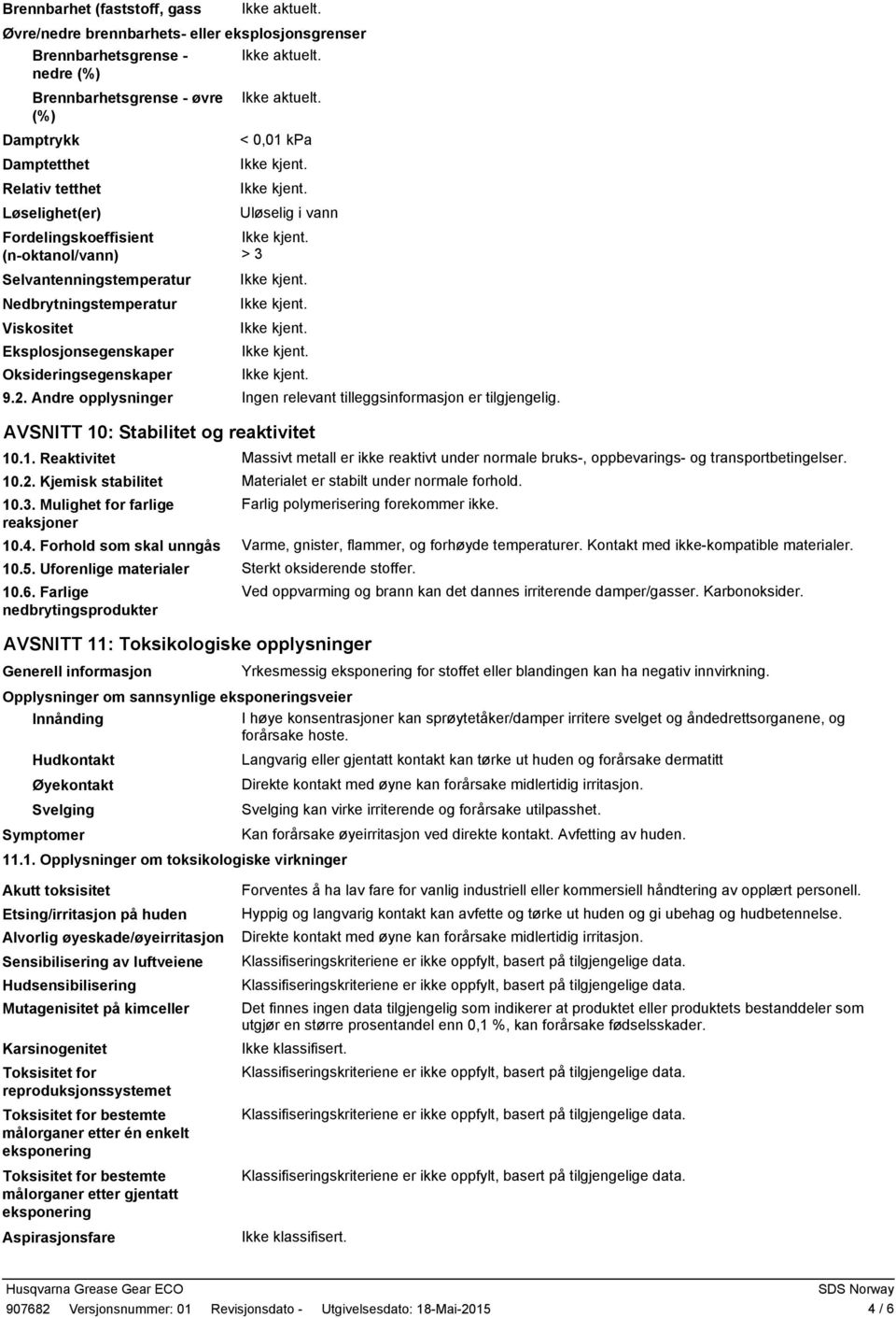 Eksplosjonsegenskaper Oksideringsegenskaper 9.2. Andre opplysninger > 3 AVSNITT 10: Stabilitet og reaktivitet Ingen relevant tilleggsinformasjon er tilgjengelig. 10.1. Reaktivitet 10.2. Kjemisk stabilitet 10.