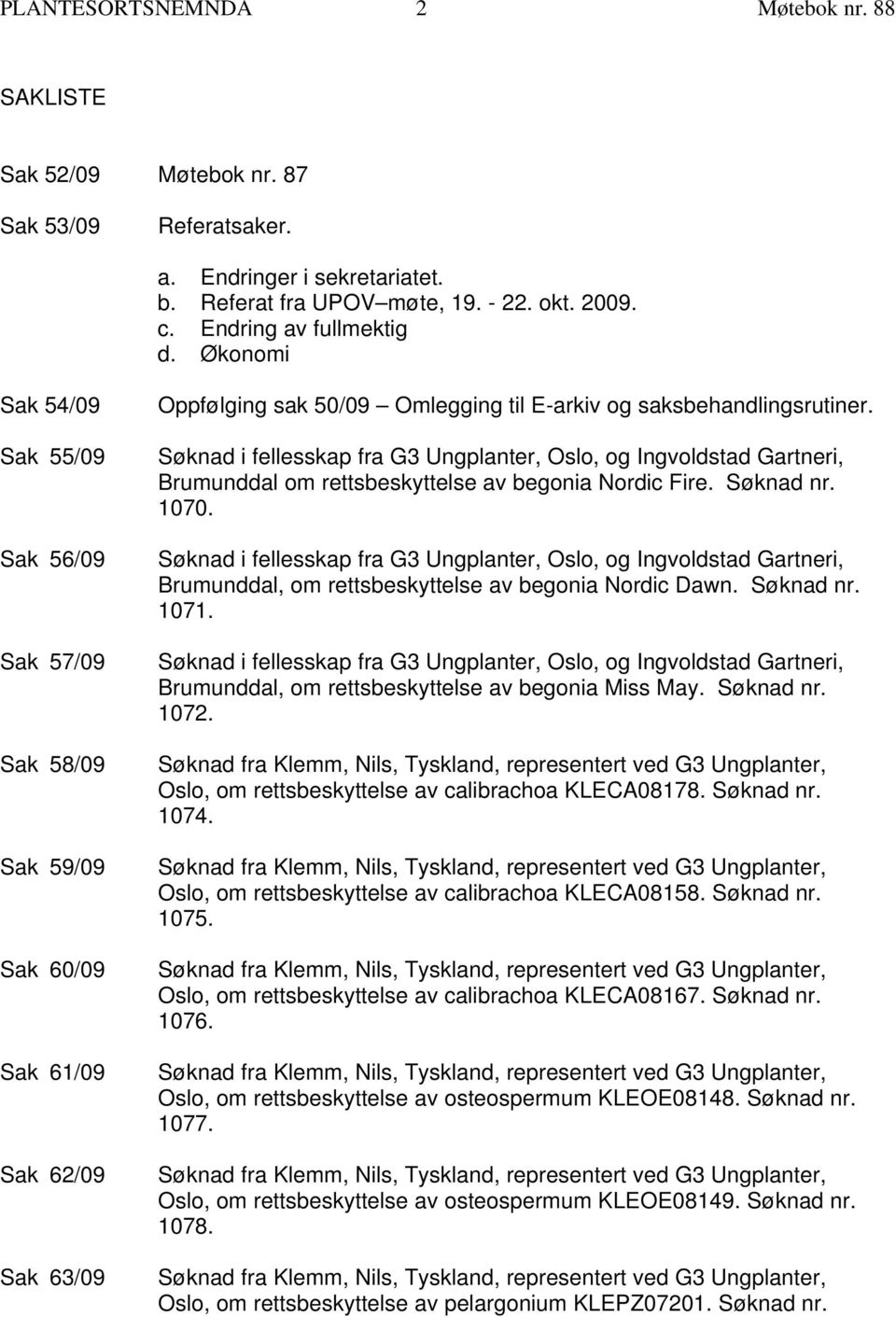 Søknad i fellesskap fra G3 Ungplanter, Oslo, og Ingvoldstad Gartneri, Brumunddal om rettsbeskyttelse av begonia Nordic Fire. Søknad nr. 1070.