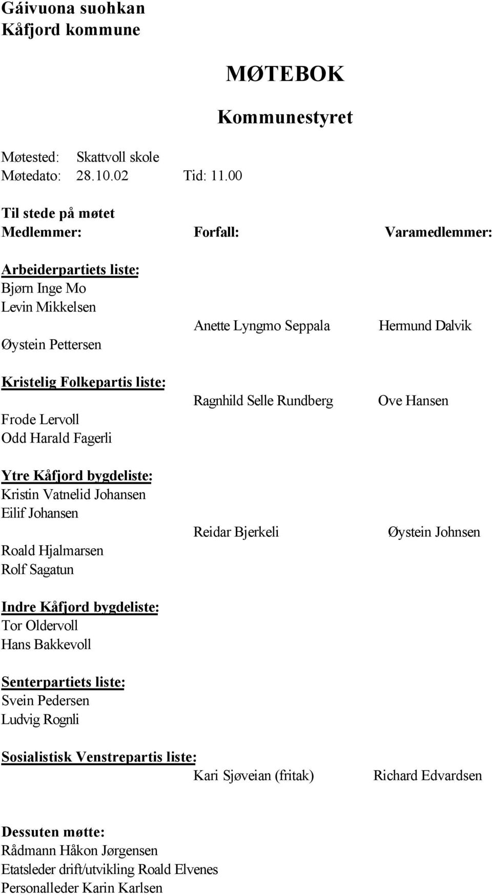 Odd Harald Fagerli Ytre Kåfjord bygdeliste: Kristin Vatnelid Johansen Eilif Johansen Roald Hjalmarsen Rolf Sagatun Indre Kåfjord bygdeliste: Tor Oldervoll Hans Bakkevoll Senterpartiets liste: