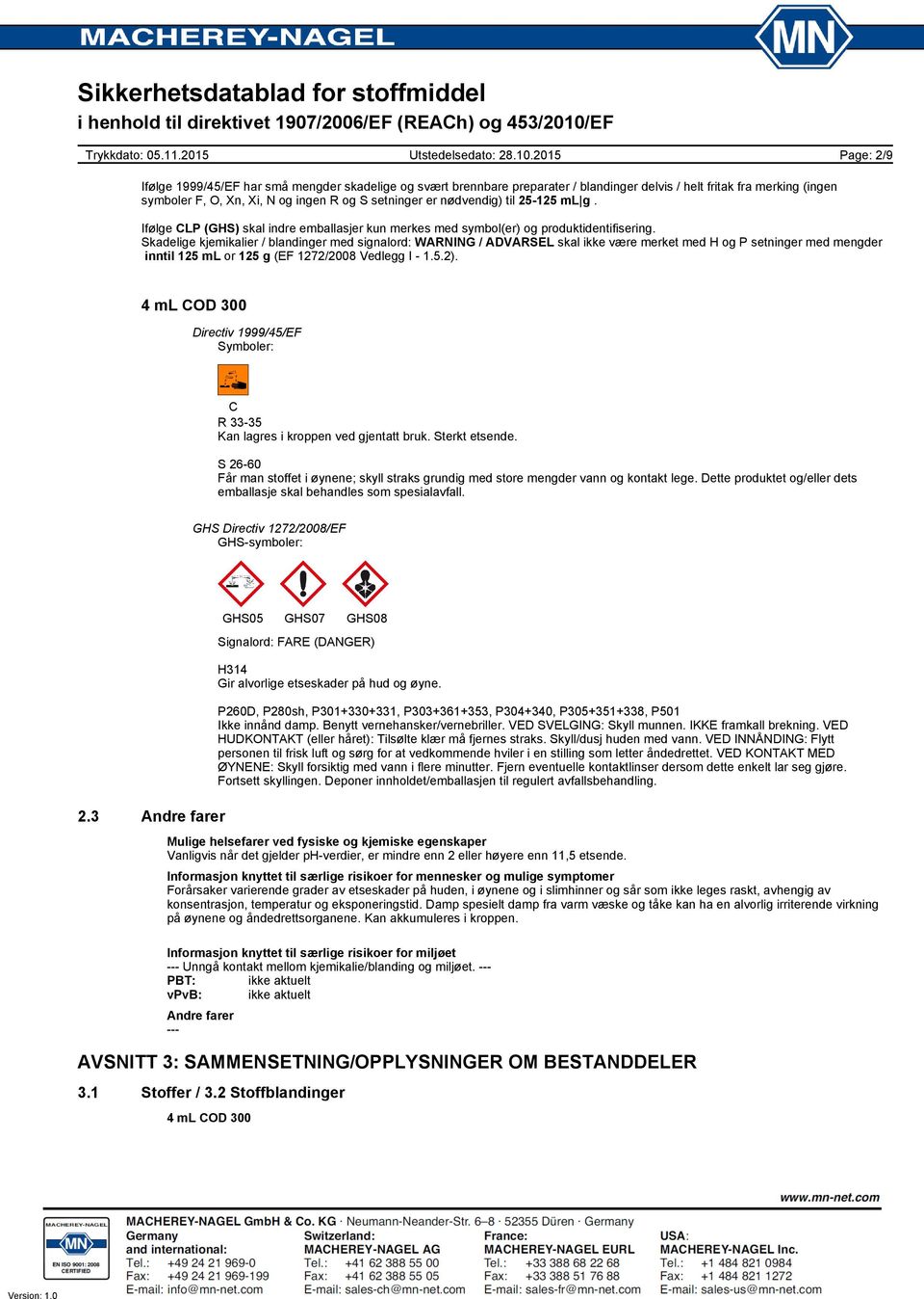 Skadelige kjemikalier / blandinger med signalord: WARNING / ADVARSEL skal ikke være merket med H og P setninger med mengder inntil 125 ml or 125 g (EF 1272/2008 Vedlegg I - 1.5.2).