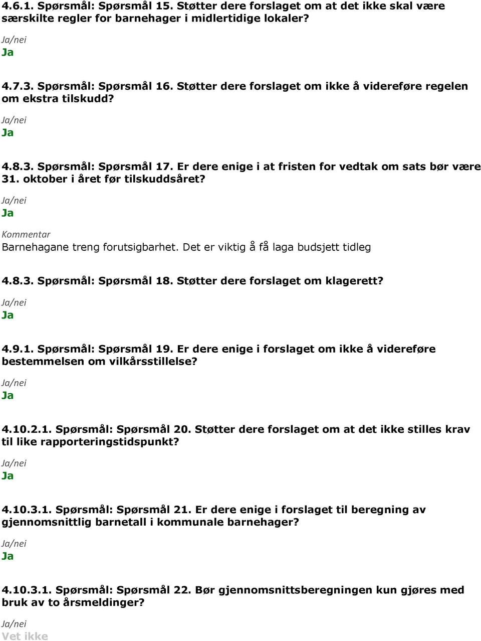 Barnehagane treng forutsigbarhet. Det er viktig å få laga budsjett tidleg 4.8.3. Spørsmål: Spørsmål 18. Støtter dere forslaget om klagerett? 4.9.1. Spørsmål: Spørsmål 19.