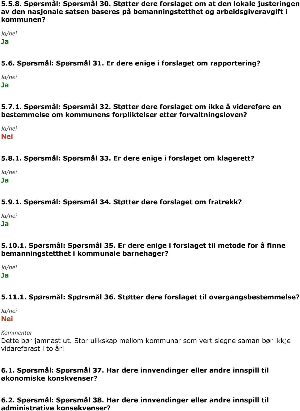 Er dere enige i forslaget om klagerett? 5.9.1. Spørsmål: Spørsmål 34. Støtter dere forslaget om fratrekk? 5.10.1. Spørsmål: Spørsmål 35.